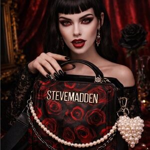 Steve Madden Rose Print Satchel Crossbody Bag Black Red Pearl Chain NWT